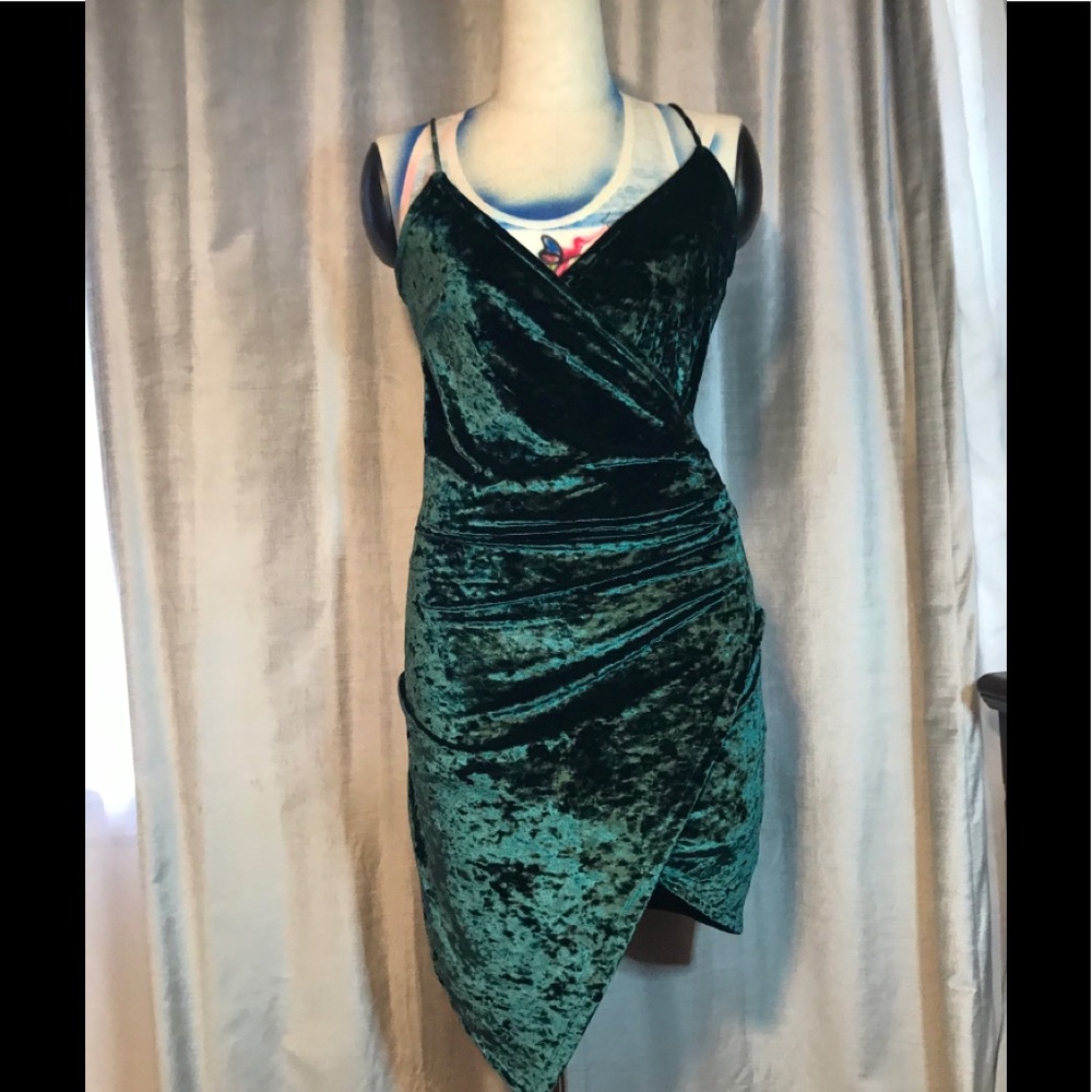 Green Velveteen Spaghetti Strap Asymmetrical Hem